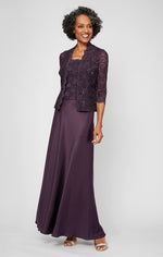 Petite Lace & Satin Gown with 3/4 Sleeve Scalloped Lace Jacket