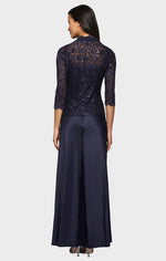 Lace & Satin Gown with 3/4 Sleeve Scalloped Lace Jacket