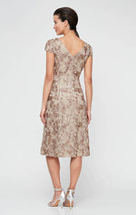 Rosette Sequin Lace Tea-Length Cocktail Dress with Cap Sleeves