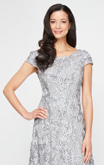 Regular - Rosette Sequin Lace Tea-Length Cocktail Dress with Cap Sleeves