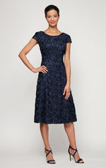 Rosette Sequin Lace Tea-Length Cocktail Dress with Cap Sleeves