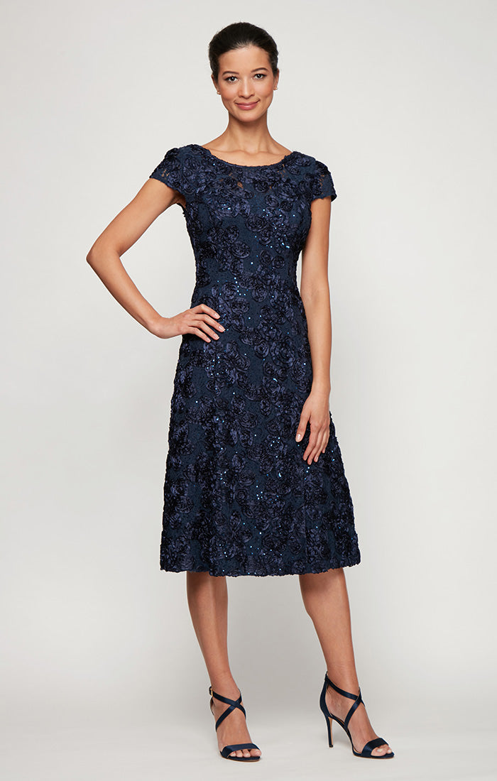 Petite Midi Cocktail Dress in Rosette Lace with Cap Sleeves