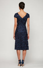 Rosette Sequin Lace Tea-Length Cocktail Dress with Cap Sleeves