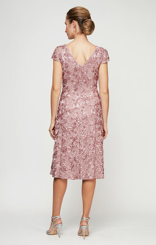 Rosette Sequin Lace Tea-Length Cocktail Dress with Cap Sleeves