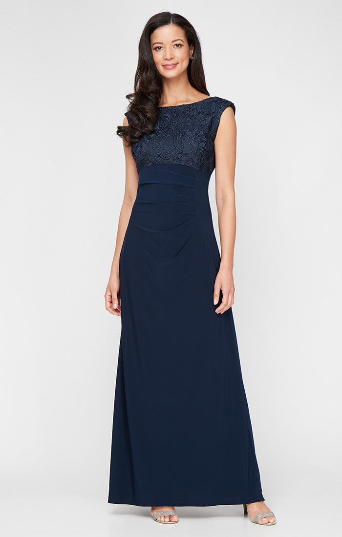 Alex Evenings Lace & Jersey Empire Gown Navy / 16