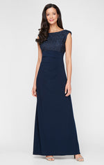 Long Empire Waist Lace and Jersey Gown with Side Ruched Skirt and Cowl Back Detail