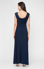 Long Empire Waist Lace and Jersey Gown with Side Ruched Skirt and Cowl Back Detail