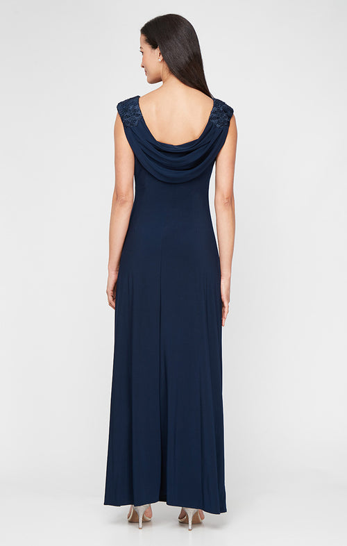 Long Empire Waist Lace and Jersey Gown with Side Ruched Skirt and Cowl Back Detail