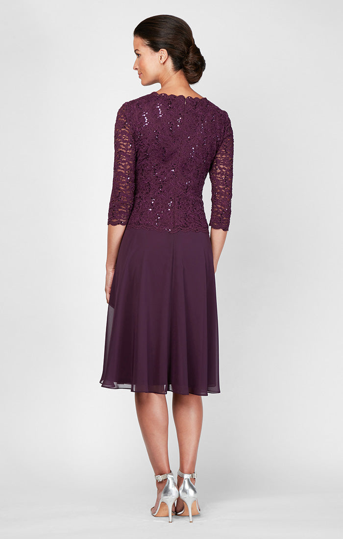 Tea-Length Dress with Sequin Lace Bodice & Chiffon Skirt