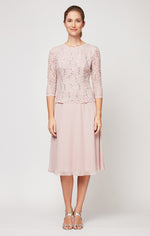 Petite Tea-Length Dress with Sequin Lace Bodice & Chiffon Skirt