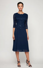 Tea-Length Dress with Sequin Lace Bodice & Chiffon Skirt