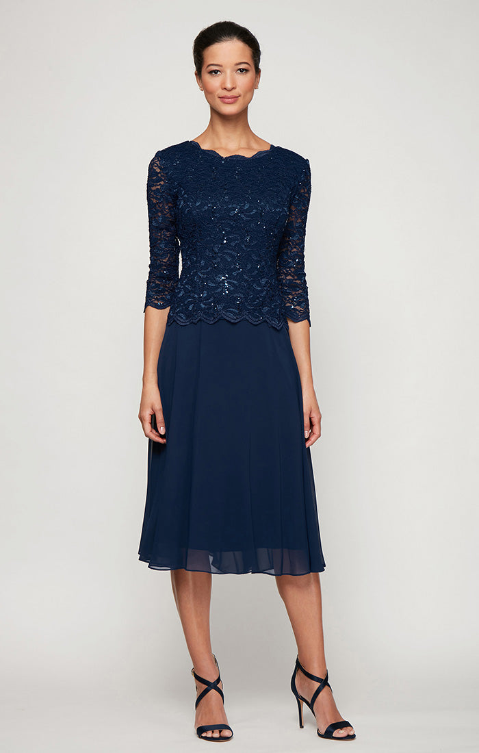 Petite Tea-Length Dress with Sequin Lace Bodice & Chiffon Skirt