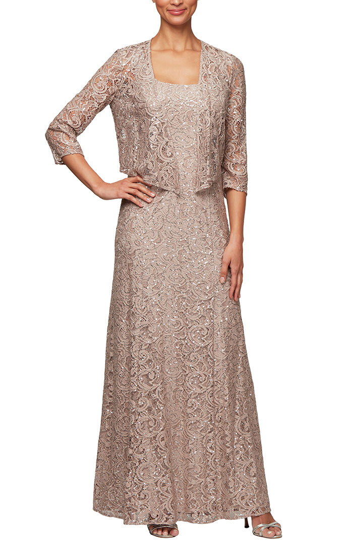 Sequin Lace Long A-Line Dress with 3/4 Sleeve Illusion Jacket