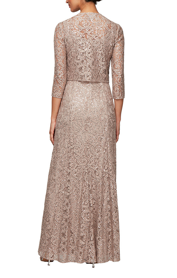 Sequin Lace Long A-Line Dress with 3/4 Sleeve Illusion Jacket