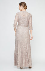 Sequin Lace Long A-Line Dress with 3/4 Sleeve Illusion Jacket