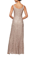 Sequin Lace Long A-Line Dress with 3/4 Sleeve Illusion Jacket