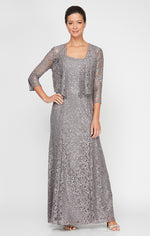 Sequin Lace Long A-Line Dress with 3/4 Sleeve Illusion Jacket