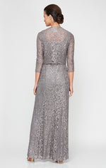 Sequin Lace Long A-Line Dress with 3/4 Sleeve Illusion Jacket