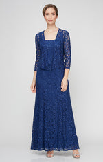 Sequin Lace Long A-Line Dress with 3/4 Sleeve Illusion Jacket