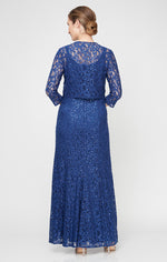 Sequin Lace Long A-Line Dress with 3/4 Sleeve Illusion Jacket