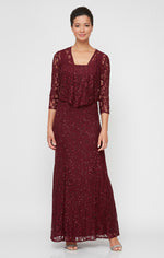 Sequin Lace Long A-Line Dress with 3/4 Sleeve Illusion Jacket