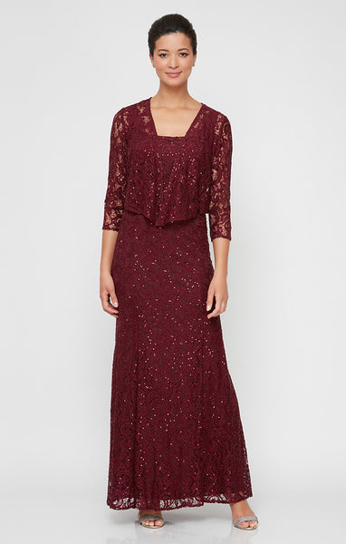 Sequin Lace Long A Line Dress with 3 4 Sleeve Illusion Jacket