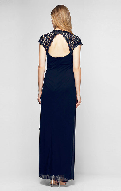 Regular - Mesh Dress with Metallic Lace Neckline & Side Ruching Detail