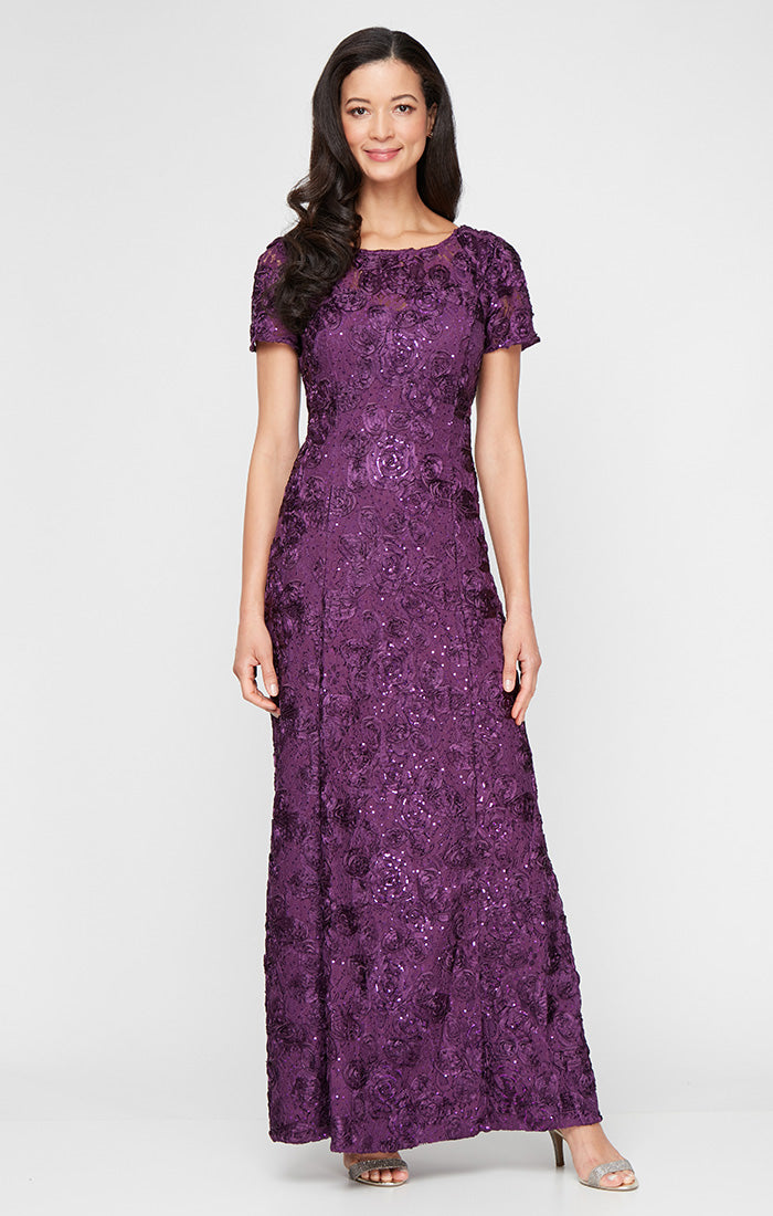 Petite Long Rosette A-Line Gown with Sequin Detail \u0026 Short Illusion Sl