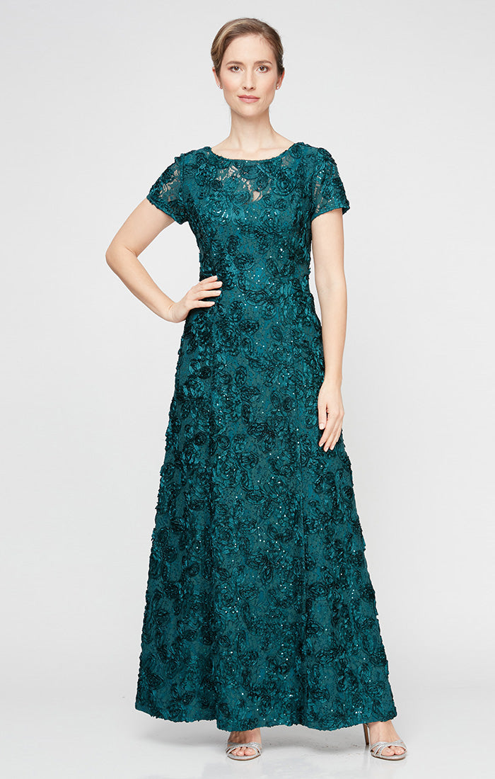 Rosette A-Line Gown with Sequin Detail & Short Illusion Sleeves