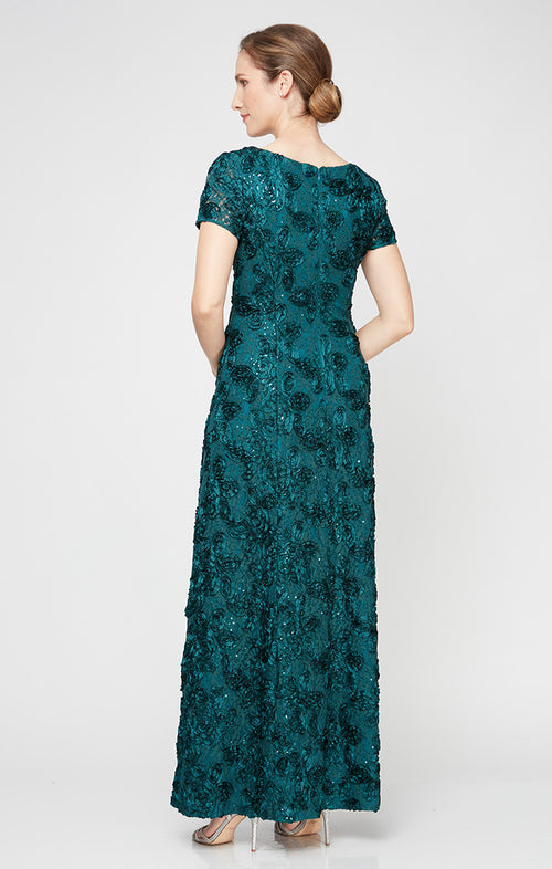 Rosette A-Line Gown with Sequin Detail & Short Illusion Sleeves