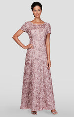 Petite Long Rosette A-Line Gown with Sequin Detail & Short Illusion Sleeves