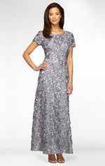 Petite Long Rosette A-Line Gown with Sequin Detail & Short Illusion Sleeves