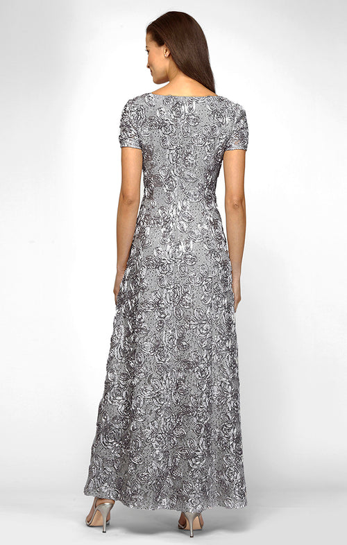 Rosette A-Line Gown with Sequin Detail & Short Illusion Sleeves