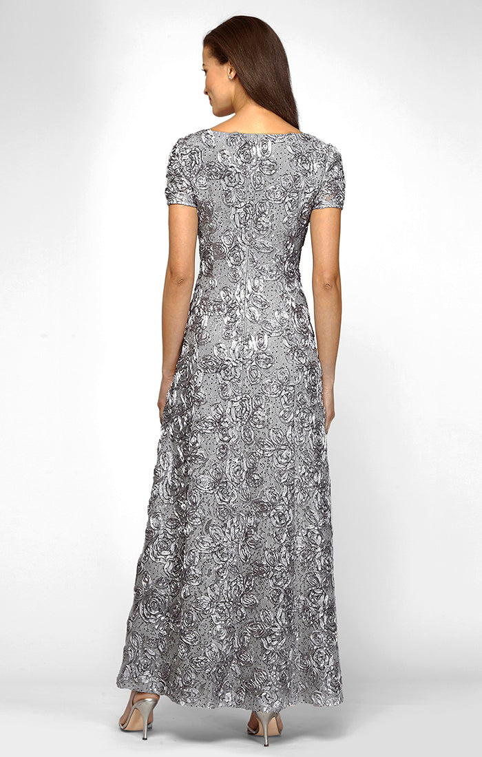 Rosette A-Line Gown with Sequin Detail & Short Illusion Sleeves