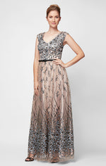 Regular - Sleeveless V-Neck Embroidered Gown With Satin Piping at Waist.