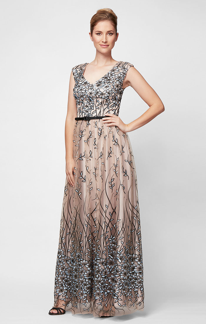Regular - Sleeveless V-Neck Embroidered Gown With Satin Piping at Waist.