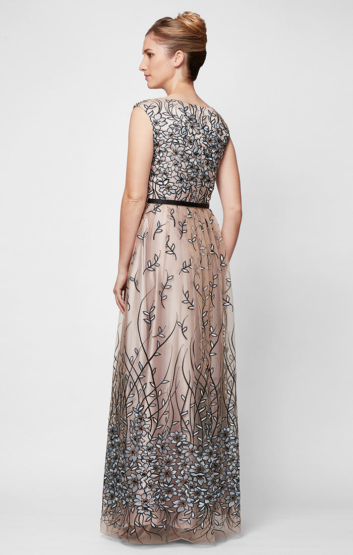 Regular - Sleeveless V-Neck Embroidered Gown With Satin Piping at Waist.