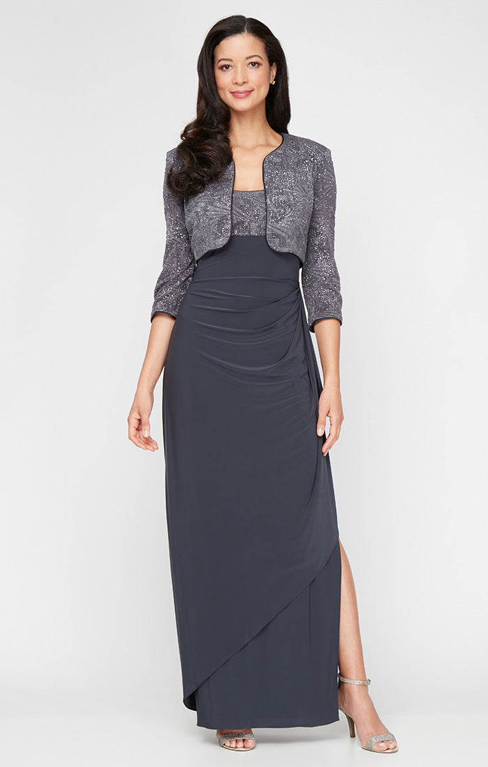 Petite Glitter Jacquard Knit & Matte Jersey Gown with Bolero Jacket