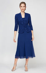 Glitter Jacquard Knit Jacket Dress with Tea-Length Mesh Skirt