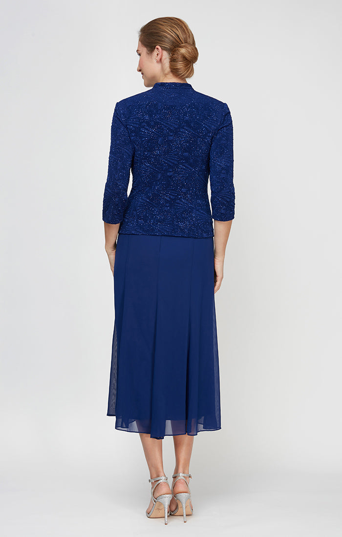 Glitter Jacquard Knit Jacket Dress with Tea-Length Mesh Skirt