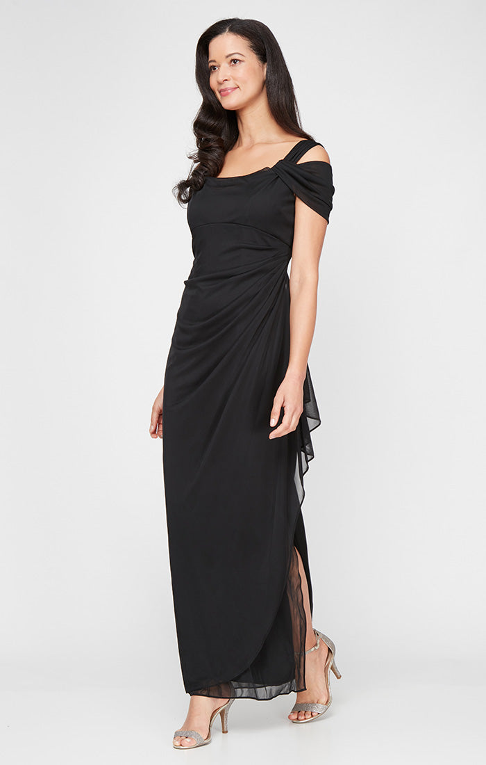 Cold Shoulder Mesh Gown with Cowl Neckline & Overlay Skirt