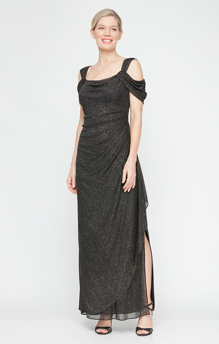 Cold Shoulder Glitter Mesh Dress with Draped Skirt & Cowl Neckline