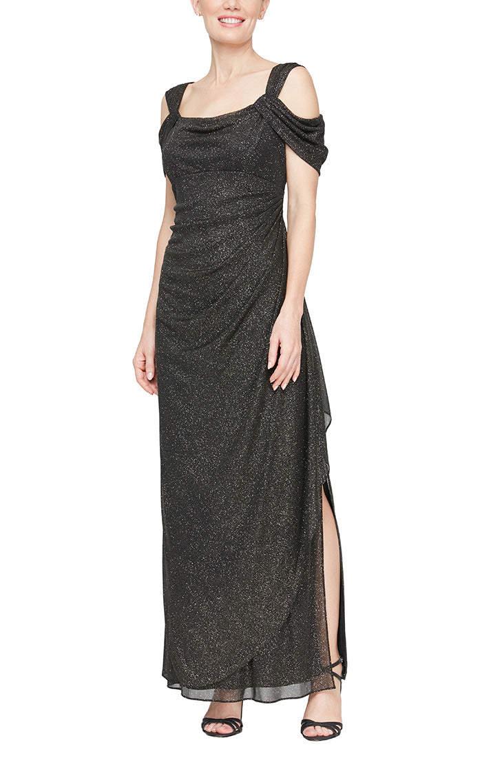 Plus Cold Shoulder Glitter Mesh Dress with Draped Skirt & Cowl Neckline