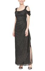 Petite Cold Shoulder Glitter Mesh Dress with Draped Skirt & Cowl Neckline