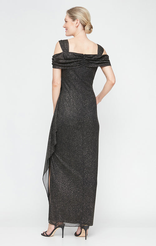 Cold Shoulder Glitter Mesh Dress with Draped Skirt & Cowl Neckline