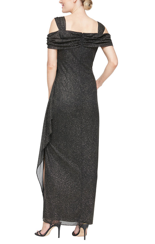 Petite Cold Shoulder Glitter Mesh Dress with Draped Skirt & Cowl Neckline