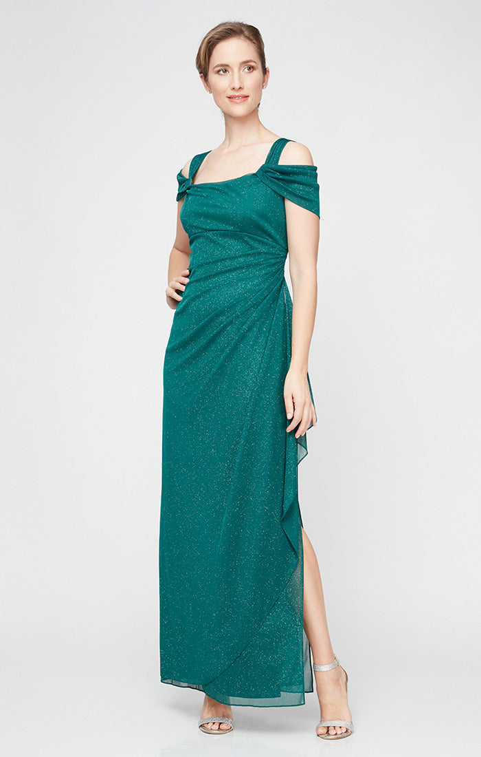 Regular - Cold Shoulder Glitter Mesh Dress with Draped Skirt & Cowl Neckline