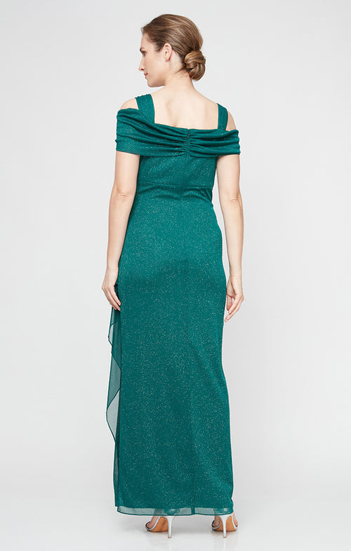 Regular - Cold Shoulder Glitter Mesh Dress with Draped Skirt & Cowl Neckline