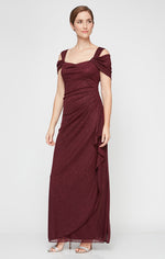 Petite Cold Shoulder Glitter Mesh Dress with Draped Skirt & Cowl Neckline