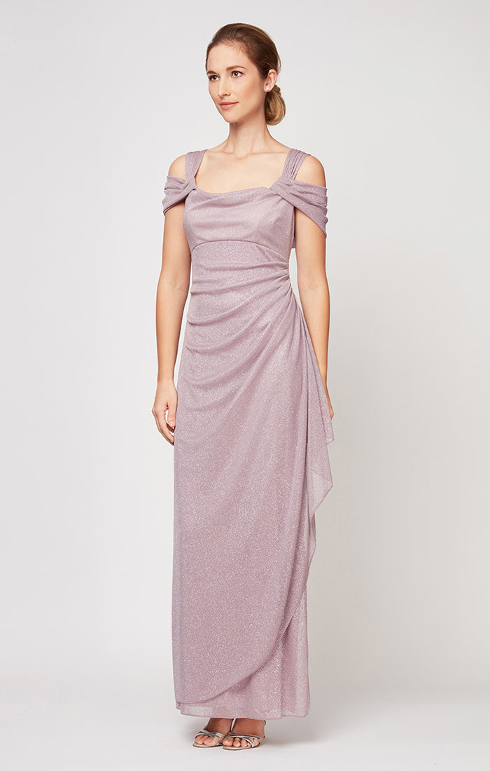 Cold Shoulder Glitter Mesh Dress with Draped Skirt & Cowl Neckline